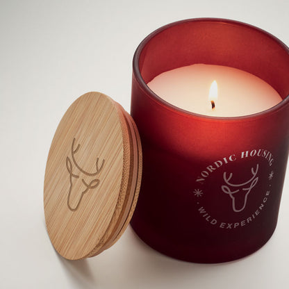 Vela burdeos con llama y tapa de madera con logo