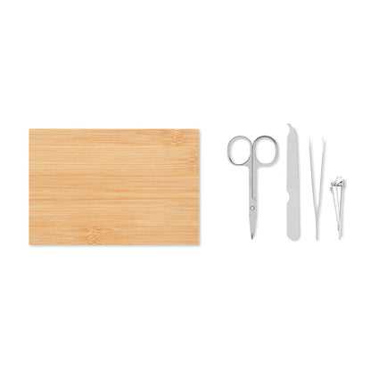tijeras, lima, pinzas y corta uñas con caja de bambú