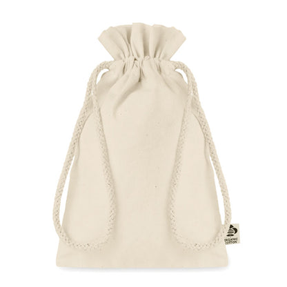 Bolsa pequeña de algodón color natural con cierre de cordones estilo saco.