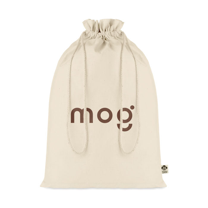 Bolsa de regalo grande en algodón orgánico color crema con cordón ajustable y logotipo impreso.
