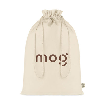 Bolsa de algodón tipo saco con cierre de cordones y personalizada con un logotipo