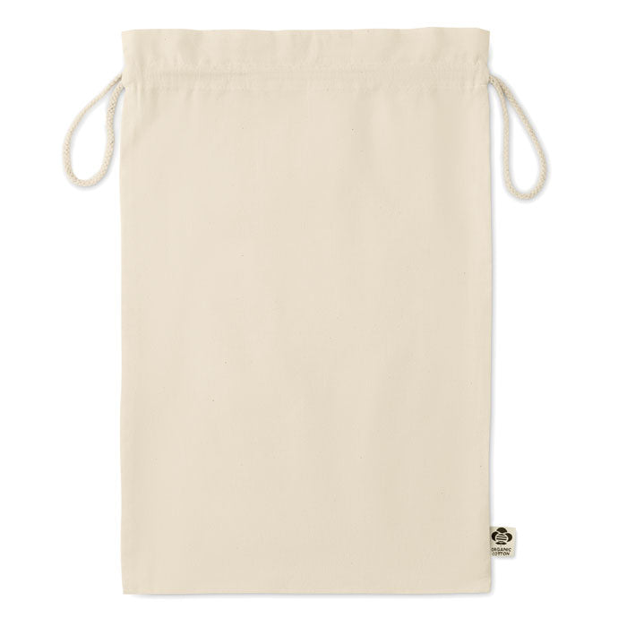 Bolsa de regalo grande en algodón orgánico color beige con cordón de cierre y etiqueta visible