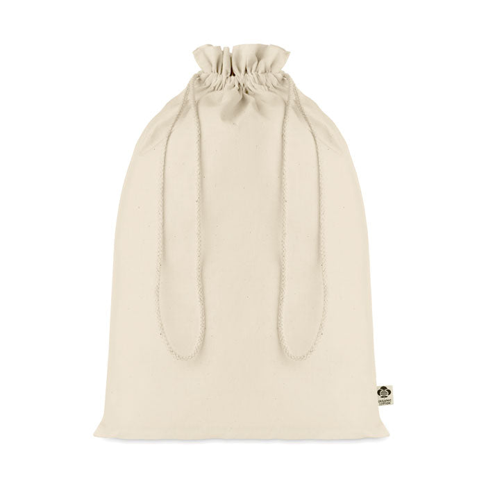 Bolsa de regalo grande en color beige, hecha de algodón orgánico, con cierre de cordón.