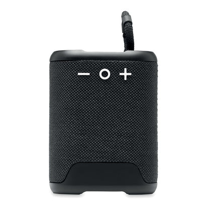Vista frontal de altavoz inalámbrico rectangular negro con asas de transporte