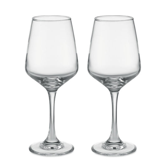 Juego de 2 copas de vino transparentes, diseño elegante y moderno, ideales para servir vino, vista frontal.