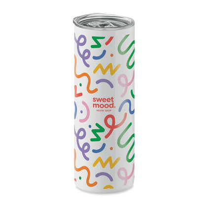 Vaso metálico blanco personalizado con un diseño colorido