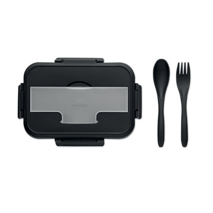 Vista superior de recipiente para comidas con cubiertos 