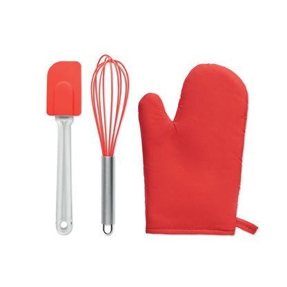 Espátula, manopla y batidora roja