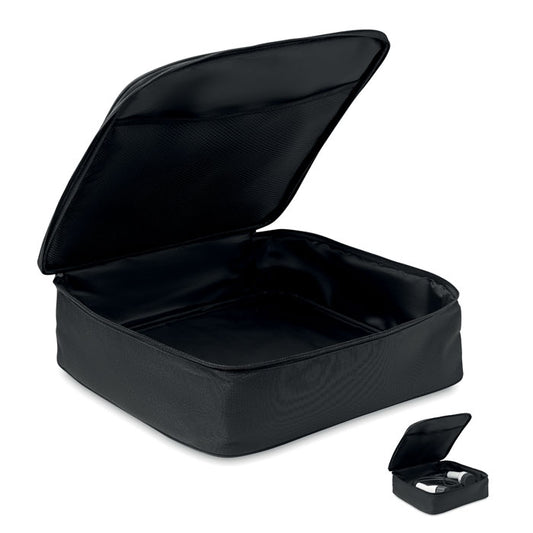 CABAG - Bolsa organizadora 600D RPET para coche eco en color negro, ideal para guardar cables de carga de vehículos eléctricos. Diseño cuadrado con cremallera y tapa rígida.