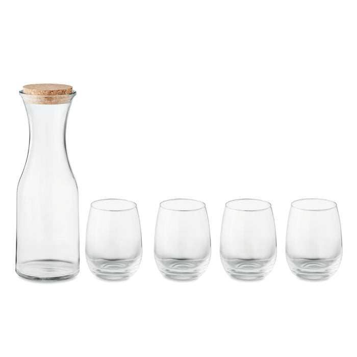 Set de bebida en vidrio reciclado con jarra de corcho y cuatro vasos, ideal para servir frescos y elegantes drinks.