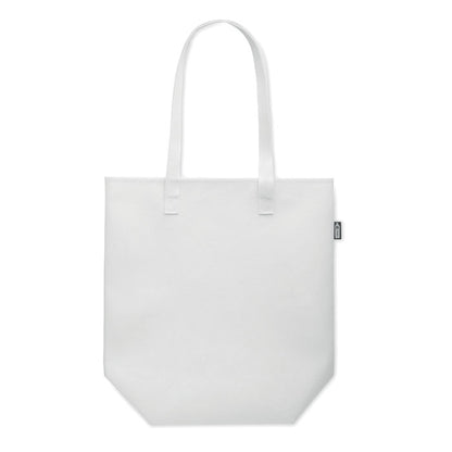 Bolsa blanca de fieltro con etiqueta RPET con asas largas y fuelle inferior