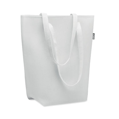 Bolsa de fieltro reciclado blanco con asas largas y fuelle inferior
