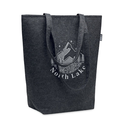 Bolsa gris oscura de fieltro reciclado personalizada con logotipo grande 