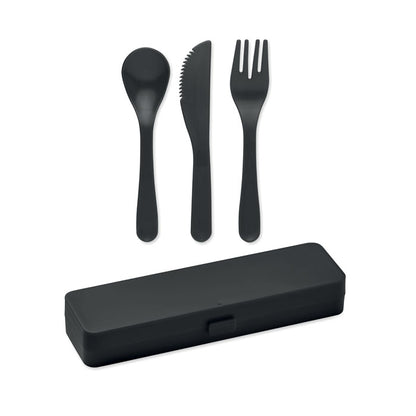 Set de cubiertos de plástico negro en caja