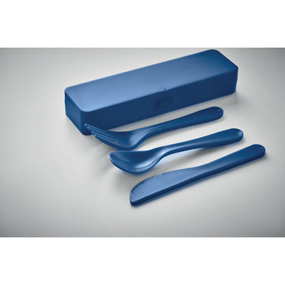 cubiertos reutilizables de plástico azul con caja para transporte