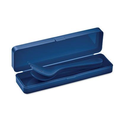 Caja de plástico azul con cubiertos reutilizables