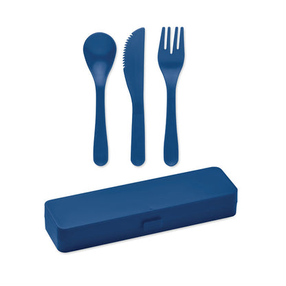 Set de cubiertos de plástico azul en caja
