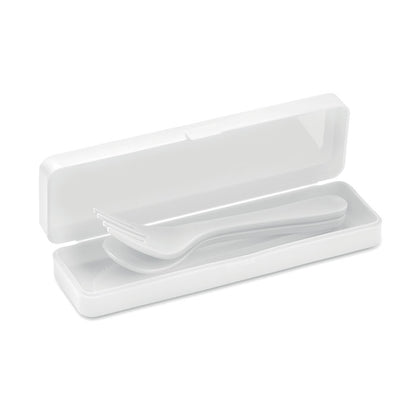 Set de cubiertos de plástico blanco en caja