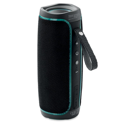 Altavoz inalámbrico negro con asa de transporte y detalle de luz azul