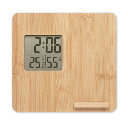 Reloj digital de madera con soporte de móvil