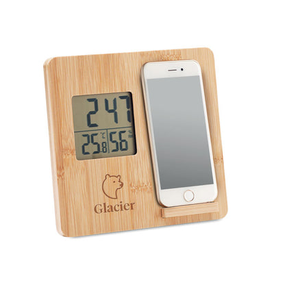 Reloj de mesa de bambú  con soporte de móvil con logo impreso