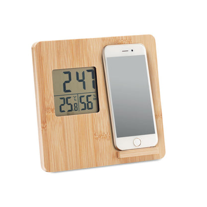 Soporte de móvil con reloj digital de madera
