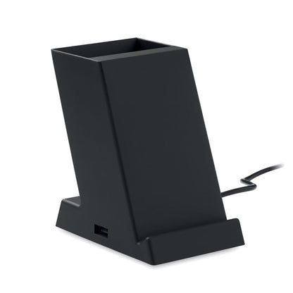 Cargador inalámbrico son portalápices y soporte para teléfono de plástico negro