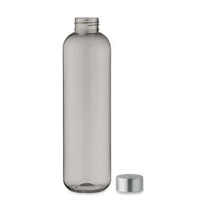 Botella de tritán gris con tapa de metal al lado