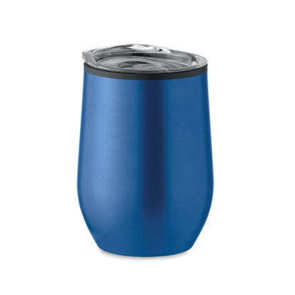 Vaso de metal azul con tapadera transparente antigoteo