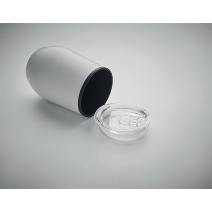 Vaso blanco de metal con tapadera de rosca transparente