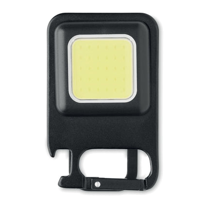 Dispositivo multifuncional negro con batería recargable USB y potencia de 800 lúmenes.