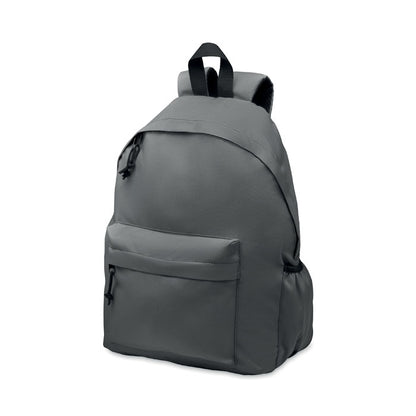 Vista lateral de mochila gris con bolsillo