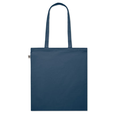 Vista frontal de totebag de algodón color azul con asas largas