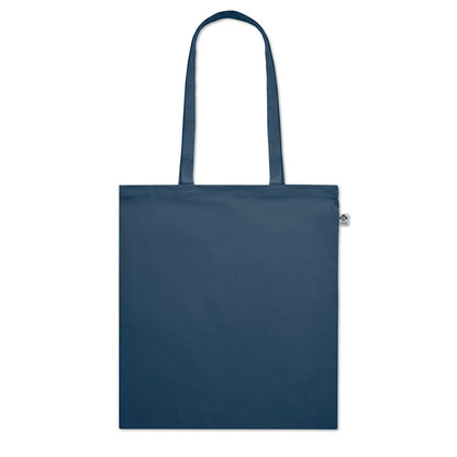 Vista trasera de totebag de algodón color azul con asas largas