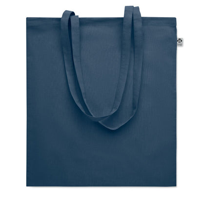 Bolsa de la compra de asas largas con etiqueta de algodón orgánico. Color azul