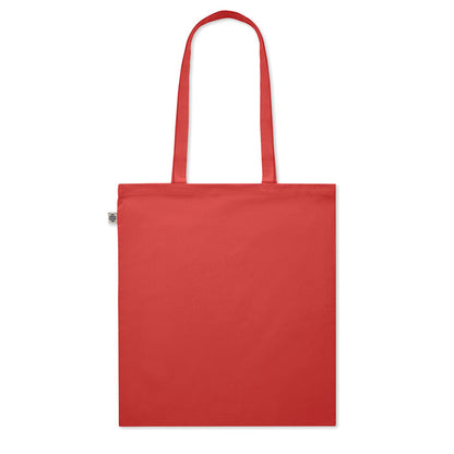 Vista frontal de totebag de algodón color rojo con asas largas