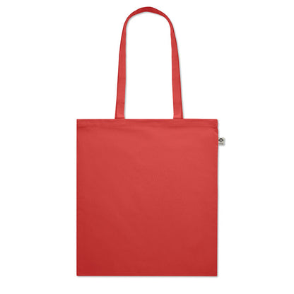 Bolsa de algodón de asas largas color roja personalizada con un  con logotipo grande en la parte frontal