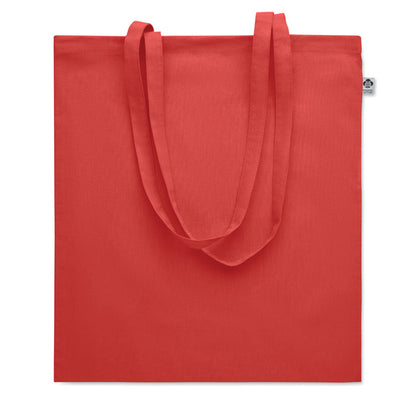 Bolsa de la compra de asas largas con etiqueta de algodón orgánico. Color rojo