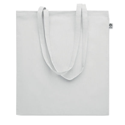 Vista frontal de bolsa blanca de algodón con asas largas