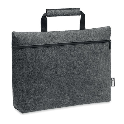 Vista lateral de bolsa de portátil de fieltro gris oscuro con cremallera