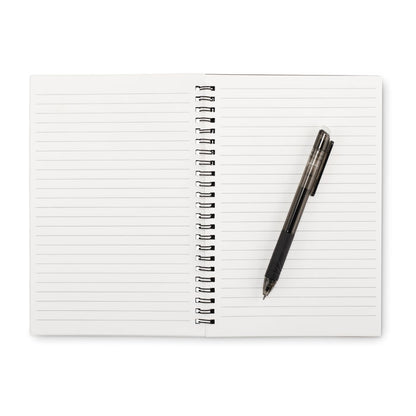 Libreta con espiral negra, hojas rayadas blancas borrables y bolígrafo negro