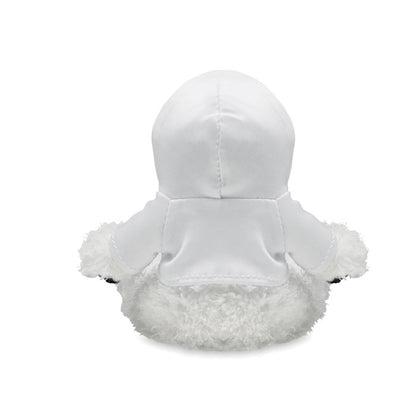 Vista trasera de oso panda de peluche con sudadera blanca