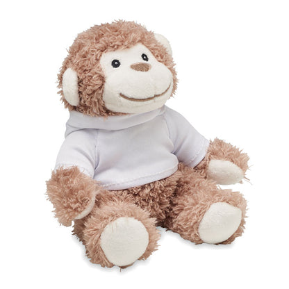 Mono de peluche marrón con sudadera con capucha blanca