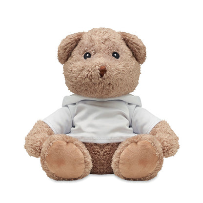 Oso de peluche marrón con sudadera blanca con capucha