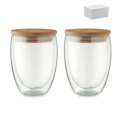 set de 2 vasos de cristal de doble pared con tapa de madera en caja de regalo