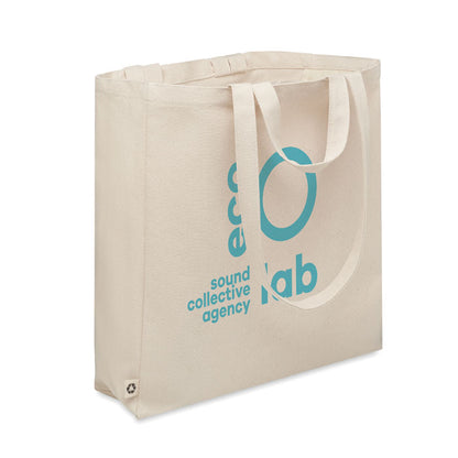 Bolsa de la compra grande con fuelle y asas de mano y largas personalizada con logotipo grande en una cara