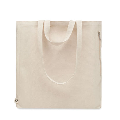 totebag de algodón con asas largas y cortas, fuelle lateral e inferior y bolsillo lateral con cremallera