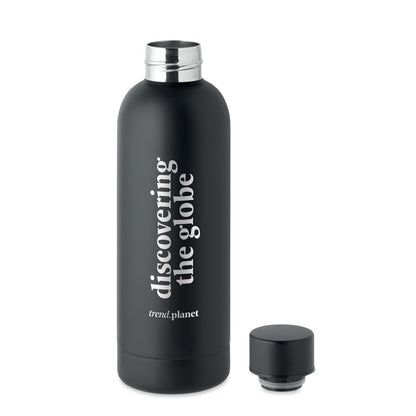 Botella de acero negro inox. reciclado con tapón al lado y logo