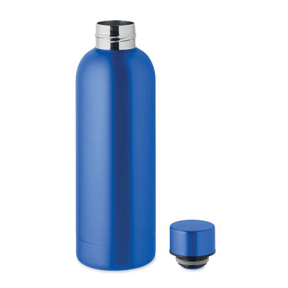 Botella de acero azul inox. reciclado con tapón al lado