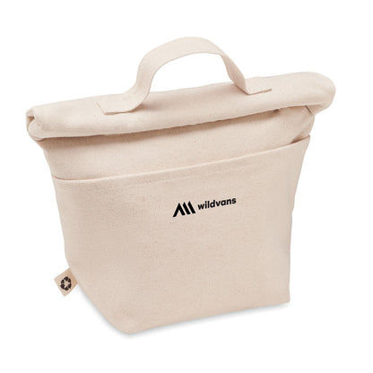 Nevera de algodón con cierre enrrollable y asa personalizada con logotipo en el bolsillo exteior